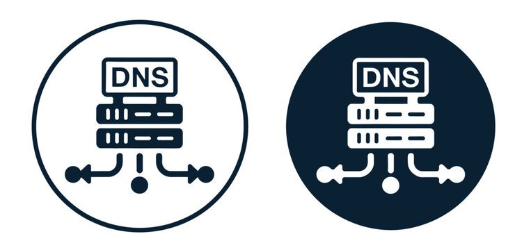 DNS vector icon set, modern flat domain name system symbols representing internet connectivity, server management, website navigation and network technology.