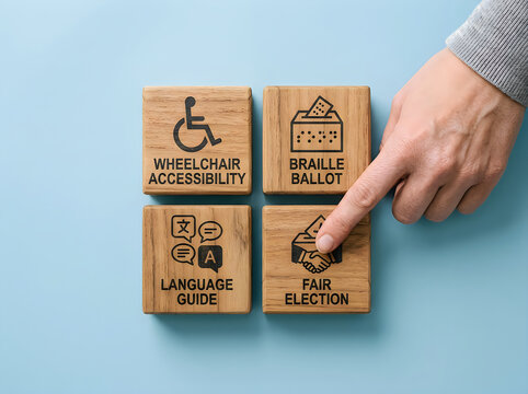 Hand pressing wooden square blocks displaying inclusive icons for voting accessibility, disability rights, fair election procedures, and multilingual language guides in a bright professional setting.