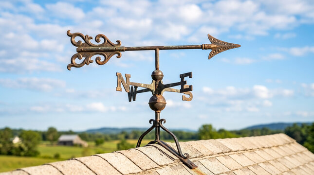 Vintage weather vane mounted on roof tiles against cloudy blue sky. Vintage weather vane shows cardinal directions and arrow point in rural landscape. Concept vintage weather vane for farm theme.