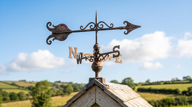 Vintage weather vane stands on wooden rooftop against bright blue sky. Detailed vintage weather vane shows cardinal directions over rural landscape. Retro vintage weather vane for rustic life.