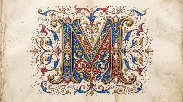 Illuminated letter M with intricate gold and blue ornaments on antique parchment paper. Illuminated letter M features ornate floral swirls and heraldic colors.