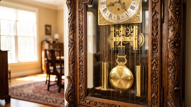 Tall grandfather clock standing in elegant home interior with sunlight from window. Classic furniture featuring tall grandfather clock and wooden carvings. Concept for tall grandfather clock decor.