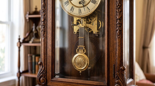 Antique pendulum clock close up with brass mechanism and swinging weight in carved wooden case. Precision timing in antique pendulum clock details. Timeless decor with antique pendulum clock style.