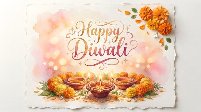 Happy diwali greeting card with watercolor illustration of traditional oil lamps, marigold flowers, and elegant calligraphy on textured paper
