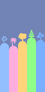 Collection of stylized trees in pastel colors on a blue background