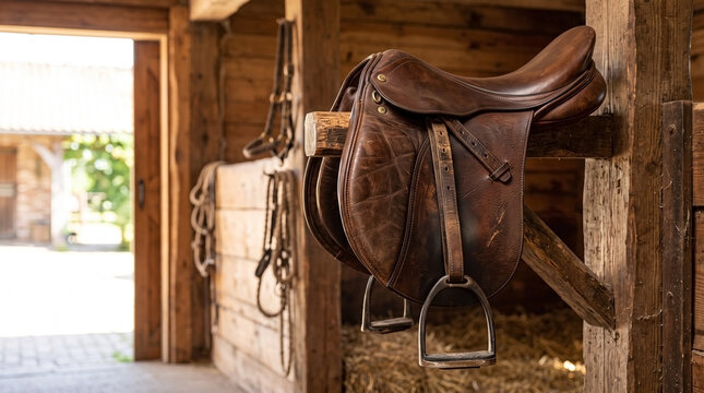 Horse saddle made of dark leather hanging on wooden rack inside rustic stable. Horse saddle includes stirrups and straps in sunlit barn interior. Vintage horse saddle for ranch lifestyle and sports.