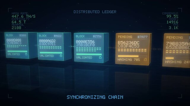 Blockchain ledger animation with validated and pending blocks hashing in a digital chain