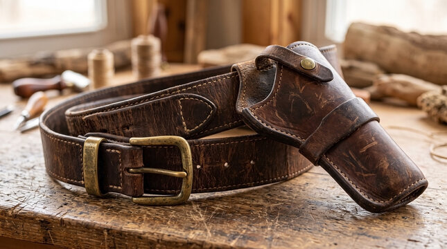 Leather holster belt crafted from dark brown hide resting on messy wooden workbench in workshop. Leather holster belt includes brass buckle. Professional leather holster belt for western movie.