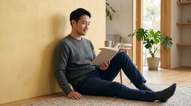 Serene Asian man sitting peacefully on the floor leaning against a wall while reading a hardcover book at home