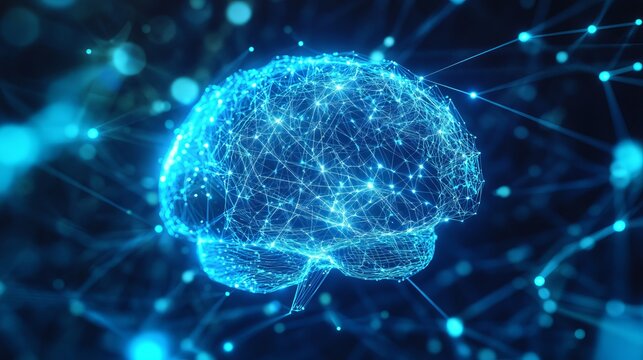 Glowing digital brain formed by luminous blue neural network connections representing advanced artificial intelligence and complex modern cognitive computing systems
