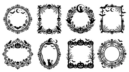Fototapeta premium Spooky Halloween frames vector set, gothic border collection with pumpkins and bats, vintage black silhouette decorative frames isolated on White Background