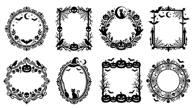Spooky Halloween frames vector set, gothic border collection with pumpkins and bats, vintage black silhouette decorative frames isolated on White Background