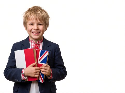 Happy blonde boy holding Poland and British flag books on white background. School education and language learning concept. Studio portrait for international education campaign