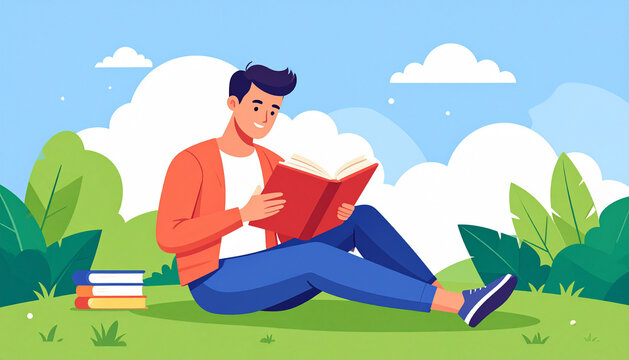 Relaxed reader sitting on grass in sunny park with a book in friendly illustration generative AI