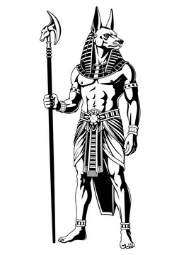 Anubis. Ancient Egyptian God. Black and white vector clipart.