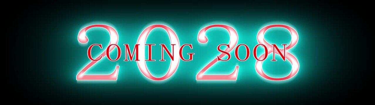 Coming Soon 2028 cyan Neon Announcement with Glowing Numbers text typography