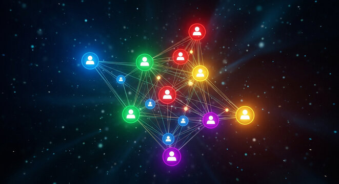 Colorful network of connected user profiles in space
