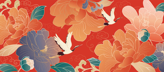 Naklejka premium Asian background ,Oriental Chinese and Japanese style abstract pattern background design with red flower decorate.