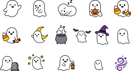 Fototapeta premium Cute Halloween Ghost Icon Set with Spooky Cartoon Characters and Magic Elements