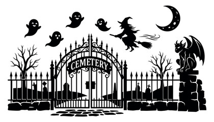 Fototapeta premium Halloween Cemetery Gate Silhouette with Flying Witch Ghosts Gargoyle and Graveyard Scene VectorHalloween Cemetery Gate Silhouette with Flying Witch Ghosts Gargoyle and Graveyard Scene Vector