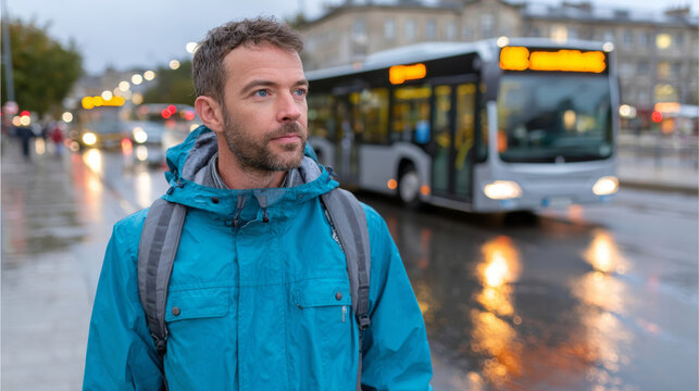 Man standing at city bus stop in rainy weather with hooded jacket and backpack waiting for transportation