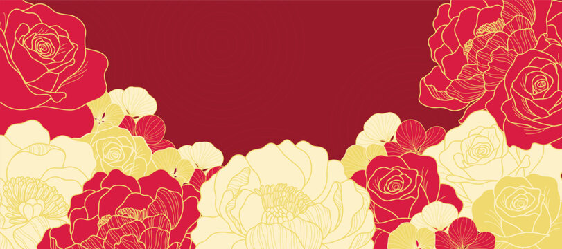 Asian background ,Oriental Chinese and Japanese style abstract pattern background design  with red flower decorate.