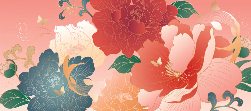 Asian background ,Oriental Chinese and Japanese style abstract pattern background design  with red flower decorate.