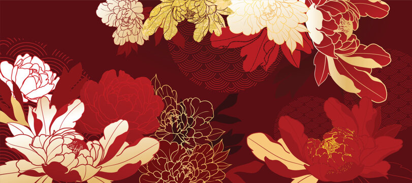 Asian background ,Oriental Chinese and Japanese style abstract pattern background design  with red flower decorate.