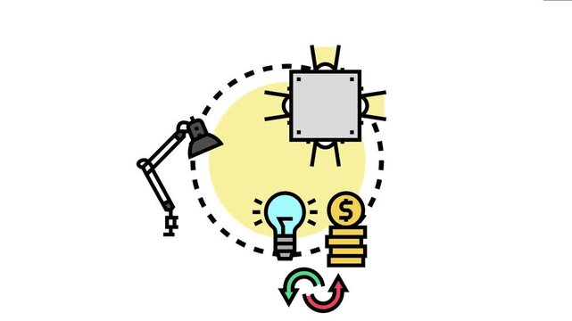 Central processing unit surrounded by a light bulb, desk lamp, coin stack, and circular arrows, symbolizing the process of transforming data into valuable ideas and profit