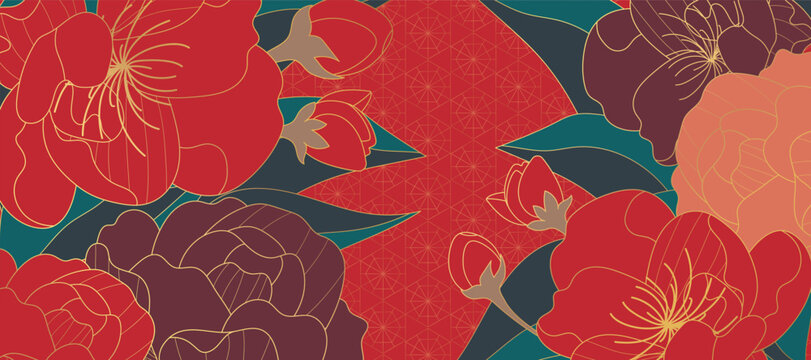 Asian background ,Oriental Chinese and Japanese style abstract pattern background design  with red flower decorate.