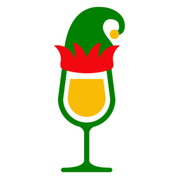 Tiempo de Navidad. Icono con dibujo sencillo con una copa de vino o champa&ntilde;a con gorro de elfo de Santa Claus para su uso en tarjetas y felicitaciones