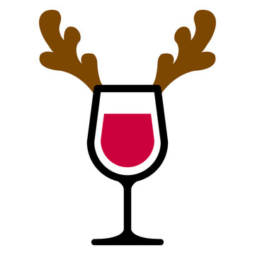 Tiempo de Navidad. Icono con dibujo sencillo con una copa de vino o champa&ntilde;a con cuernos de reno de Santa Claus para su uso en tarjetas y felicitaciones