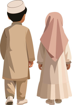 Muslim Boy and Girl Walking from Behind, Islamic Children Vector Illustration.eps