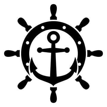 Logo nautical. Icono con dibujo sencillo de la silueta de un ancla de barco por encima de un volante de tim&oacute;n estilo vintage