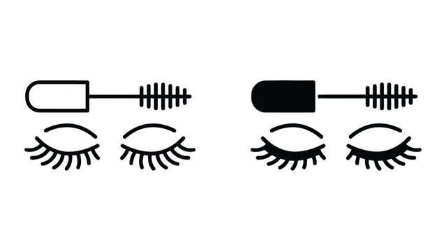 Mascara wand and closed eyes icon set in solid and line style with cosmetic