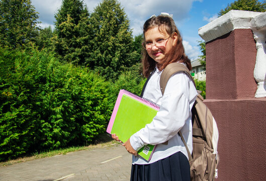 Schoolgirl carries colorful notebooks and smiles while standing near a school in a green area on a sunny day