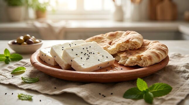 Fresh feta cheese with pita bread and olives on a wooden plate in a bright kitchen