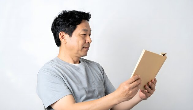 Middle-aged Asian man in grey shirt reading book against white studio background. Focused male reader holding novel