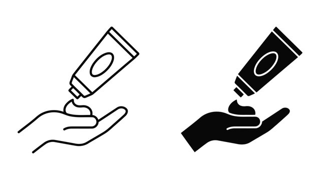 Skin cream application icon set in outline and glyph style with skincare