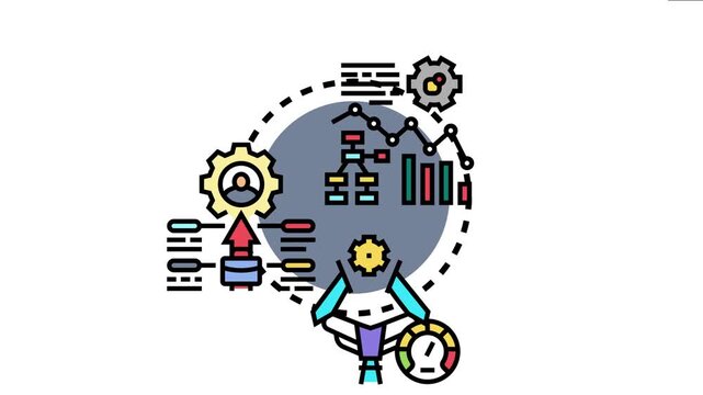 Business process icon illustrating strategic planning, organizational structure, performance management, and automation bridging concept for efficient task execution and workflow optimization