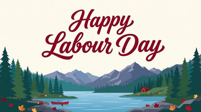 Happy labour day greeting card with canadian landscape, mountains, lake, and canoe, labour day, labour day 2026, happy labour day canada, labour day background