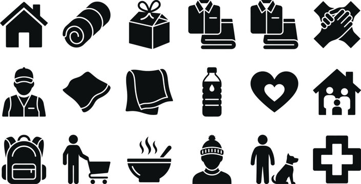 Collection of black silhouette representing social aid, community support, humanitarian relief, and basic needs for people in need