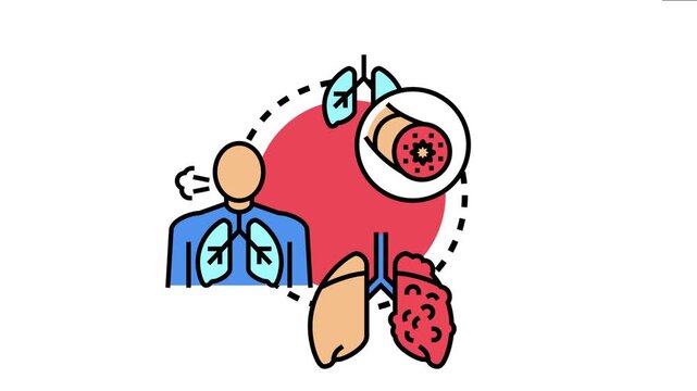 Person struggling to breathe with visible lungs, a magnified bronchiole showing inflammation, and a diseased lung, illustrating respiratory health problems