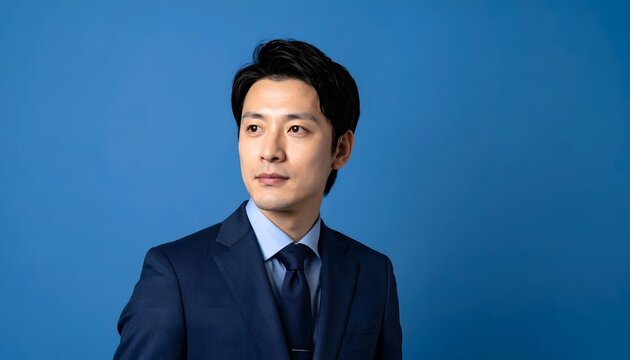 Thoughtful young Asian professional in a sharp navy suit, looking to the side with a visionary gaze on a striking blue backdrop, symbolizing ambition and business acumen