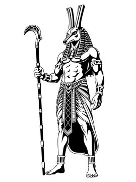 Seth. Ancient Egyptian God. Black and white vector clipart.