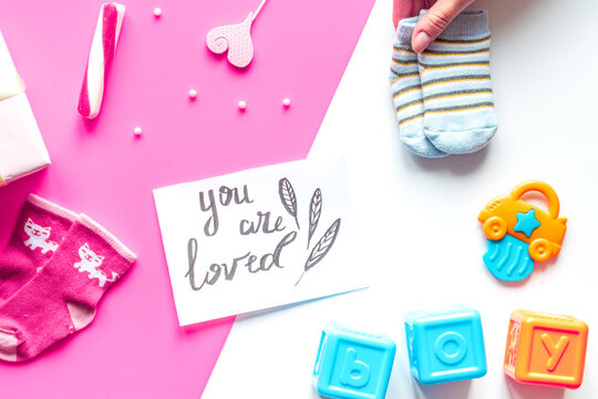 birth child baby shower concept boy or girl top view