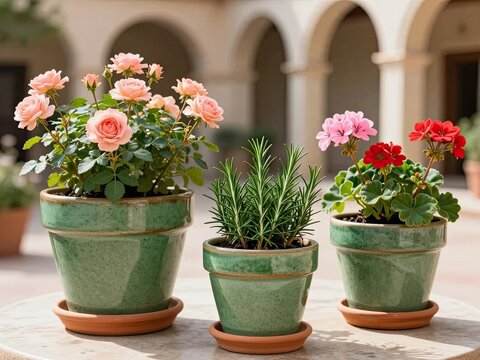 Three green glazed ceramic pots with roses and herbs
