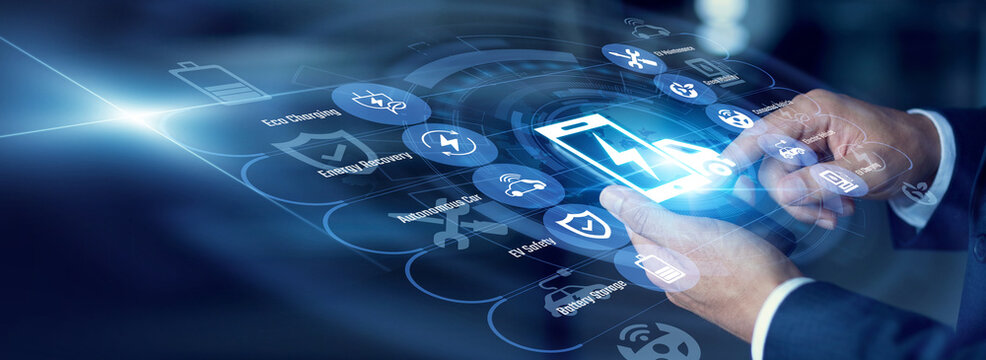 Automotive engineer tracking vehicles on a mobile phone for Electric Mobility across a connected world map, analyzing battery charge levels on a Virtual screen maximizing travel efficiency.