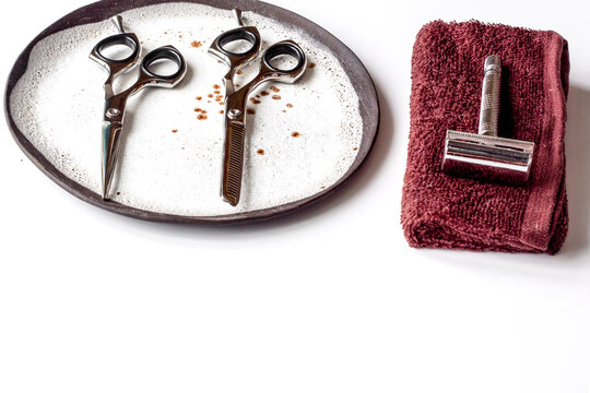 white desktop with tools for shaving beards