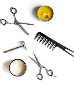 Mens hairdressing desktop with tools for shaving top view